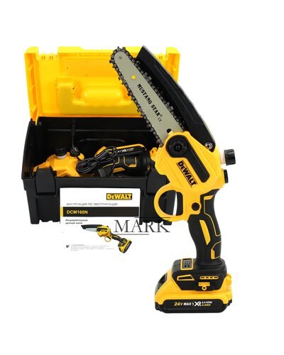 Мини-пила DeWalt DCM160N аккумуляторная, с полуавтоматической смазкой цепи (24V, 4AH, шина 15 см) в кейсе