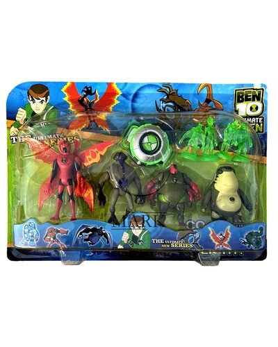 Детский игровой набор   G01959/0842-18 Ben10 5 серии 4 фигурки (Крылатый+Блевка+Обезьяна паук+Рук)+часы(NI)