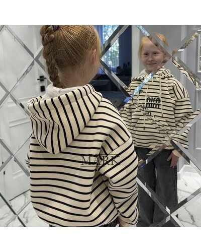 Детское худи с капюшоном в полоску с флисом SPARKLE Min 6-12 лет 140 Бежево-черная (SPRK)