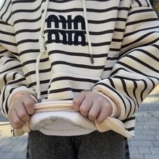 Дитяче худи з капюшоном у смужку з флісом SPARKLE Min 6-12 років 152 Бежево-чорна (SPRK)