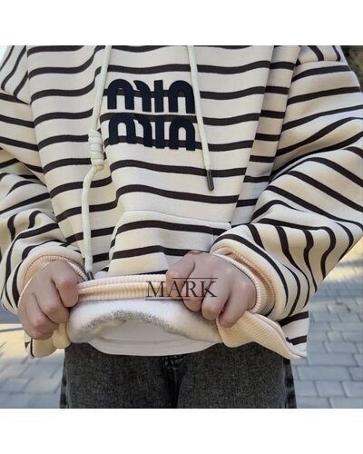 Детское худи с капюшоном в полоску с флисом SPARKLE Min 6-12 лет 152 Бежево-черная (SPRK)