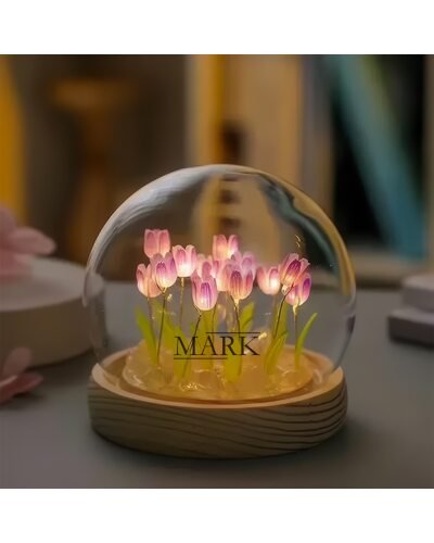 Настольный светодиодный ночник-колба на деревянной подставке «Тюльпаны в колбе» (умелые ручки) (AX)