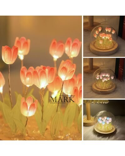 Настольный светодиодный ночник-колба на деревянной подставке «Тюльпаны в колбе» (умелые ручки) (AX)