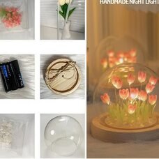 Настольный светодиодный ночник-колба на деревянной подставке «Тюльпаны в колбе» (умелые ручки) (AX)