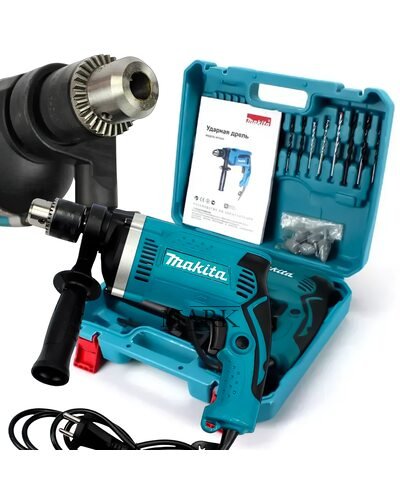 Ударный дрель с набором сверл, бит, камней кейс для хранения MAKITA HP1630 (710 ВТ, 0-3200 ОБ./МИН.)