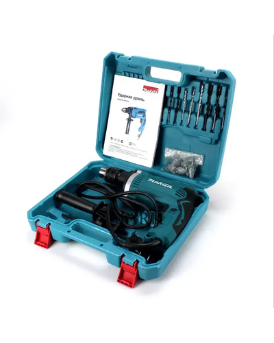 Ударный дрель с набором сверл, бит, камней кейс для хранения MAKITA HP1630 (710 ВТ, 0-3200 ОБ./МИН.)