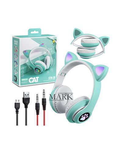 Беспроводные складные TWS bluetooth наушники с кошачьими ушками Cat STN-28 Бирюзовый