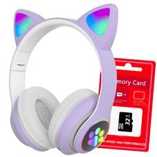 Беспроводные складные TWS bluetooth наушники с кошачьими ушками Cat STN-28 Фиолетовый + карта памяти на 32 Гб