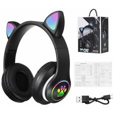 Беспроводные складные TWS bluetooth наушники с кошачьими ушками Cat STN-28 Черный + карта памяти на 32 Гб