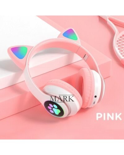 Беспроводные складные TWS bluetooth наушники с кошачьими ушками Cat STN-28 Розовый + карта памяти на 64 Гб