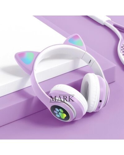 Беспроводные складные TWS bluetooth наушники с кошачьими ушками Cat STN-28 Фиолетовый + карта памяти на 64 Гб