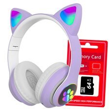 Беспроводные складные TWS bluetooth наушники с кошачьими ушками Cat STN-28 Фиолетовый + карта памяти на 64 Гб