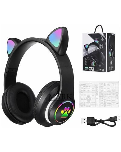 Беспроводные складные TWS bluetooth наушники с кошачьими ушками Cat STN-28 Черный + карта памяти на 64 Гб