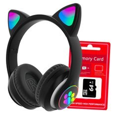 Беспроводные складные TWS bluetooth наушники с кошачьими ушками Cat STN-28 Черный + карта памяти на 64 Гб