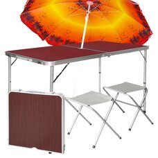 Туристичний розкладний стіл для пікніка з 2 стільцями і парасолькою 1,6 метра, складається у валізу Коричневий