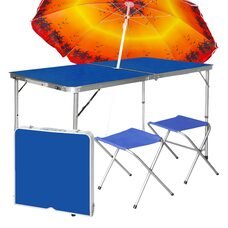 Туристичний розкладний стіл для пікніка з 2 стільцями і парасолькою 1,6 метра, складається у валізу Синій