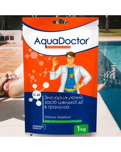 Химия для первичной шоковой обработки бассейнов против вирусов, бактерий, плесени, быстрого действия в гранулах AquaDoctor C-60 1кг (LM)