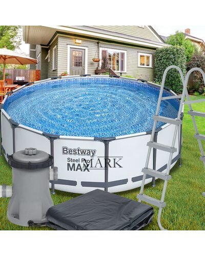 Каркасный семейный круглый бассейн с насосом-фильтром, тентом-крышкой и лестницей в комплекте 427х107 см BestWay "Steel Pro Max" 56950 13030л (IGR24)