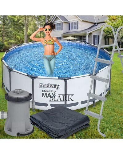 Каркасный семейный круглый бассейн с насосом-фильтром, тентом-крышкой и лестницей в комплекте BestWay "Steel Pro Max"5618W 12690л (IGR24)