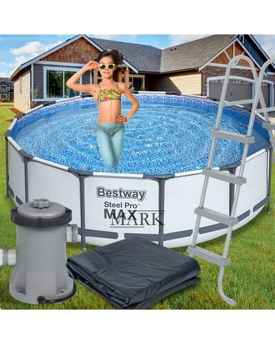 Каркасный семейный круглый бассейн с насосом-фильтром, тентом-крышкой и лестницей в комплекте BestWay "Steel Pro Max" 56488 14970л (IGR24)