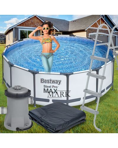 Каркасный семейный круглый бассейн с насосом-фильтром, тентом-крышкой и лестницей в комплекте BestWay "Steel Pro Max" 5612х 15232 л (IGR24)