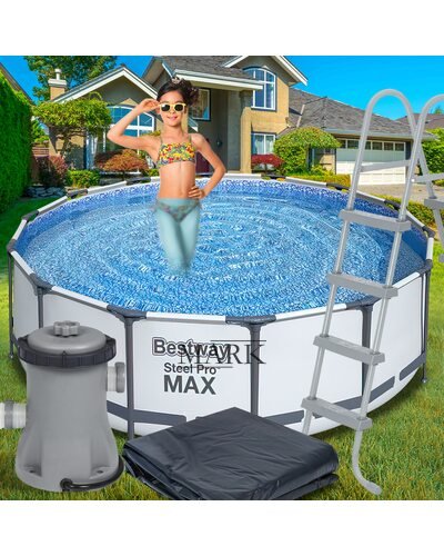 Каркасный семейный круглый бассейн с тентом-крышкой и лестницей в комплекте BestWay "Steel Pro Max" 5612Z 19480л (IGR24)