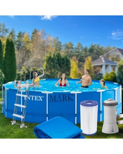 Каркасный бассейн Intex 28242  в комплекте картриджный фильтр-насос 3 785 л/ч, лестница, тент, подстилка