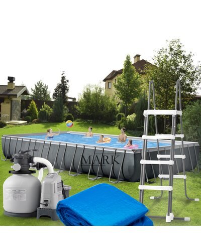 Каркасный бассейн лестница+ фильтр-насос+тент-крышка в комплекте INTEX 26374 975*488*132см 54368 л