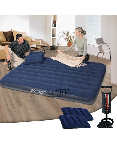 Надувной матрас Intex 64765 двуспальный 152 х 203 х 25 см с двумя подушками и насосом, Синий (IGR24)