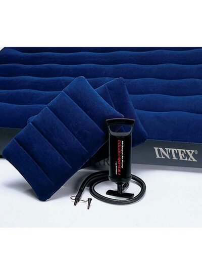 Надувной матрас Intex 64765 двуспальный 152 х 203 х 25 см с двумя подушками и насосом, Синий (IGR24)