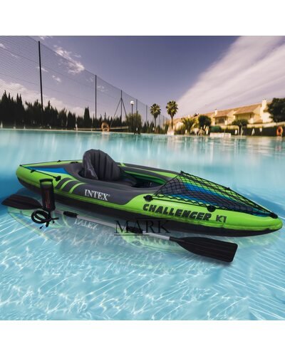 Надувная одноместная лодка-байдарка кайак с ножным насосом и веслами Intex 68305 247х76 см Зеленый