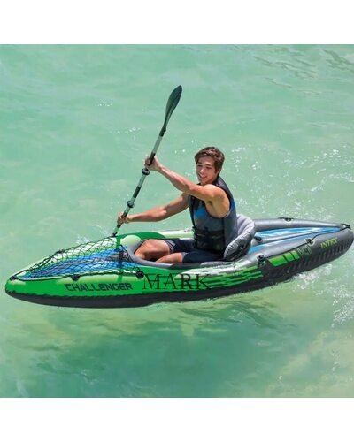 Надувная одноместная лодка-байдарка кайак с ножным насосом и веслами Intex 68305 247х76 см Зеленый