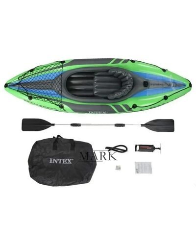 Надувная одноместная лодка-байдарка кайак с ножным насосом и веслами Intex 68305 247х76 см Зеленый