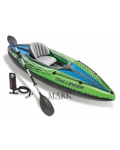 Надувная одноместная лодка-байдарка кайак с ножным насосом и веслами Intex 68305 247х76 см Зеленый
